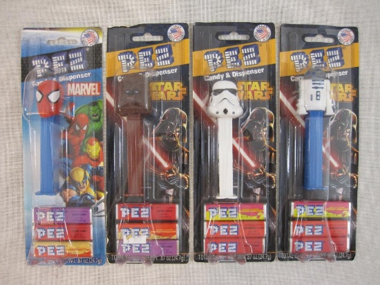 Four Sealed Character PEZ Dispensers including Star Wars and Spider-Man, 9 oz