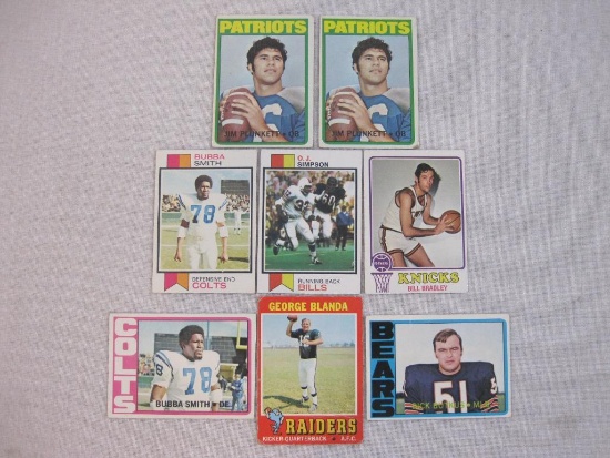 Eight Vintage NFL and NBA Trading Cards 1969 Bill Bradley, 1970s OJ Simpson, Bubba Smith, Dick