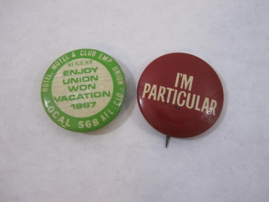 Two Vintage Pins: 1967 Union Won Vacation and "I'm Particular", 1 oz