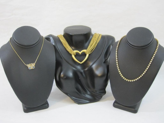 Three Gold Tone Necklaces including heart, butterfly and more, 2 oz