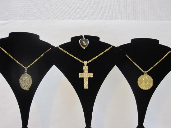 Religious Necklaces and Pendants including cross on gold tone sterling silver chain and more, 2 oz