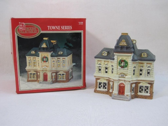Towne Hall Lighted Porcelain Christmas Display, Dickens Collectables Towne Series, in original box,