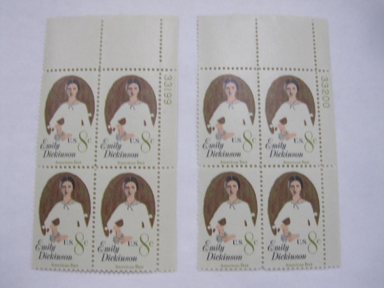 Two Bocks of 4 Emily Dickinson 8 Cent US Postage Stamps, Scott 1436