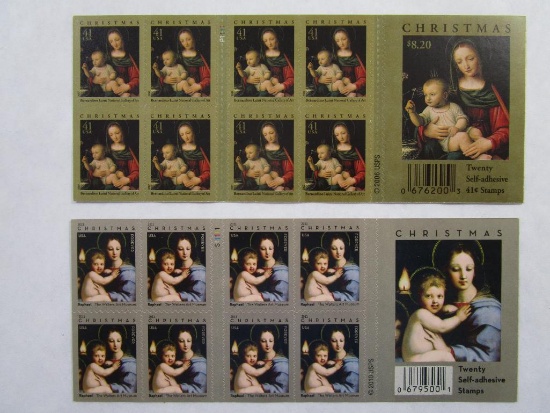 US Postage Stamps Two Booklets of 20 Self Adhesive, 2006 Christmas 41 cent, 2011 Christmas Religious