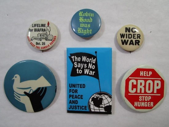 Metal Button Pins includes Lifeline for Biafra, No Wider War, Robin Hood was Right and more