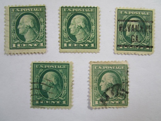 Five US Postage Stamps 1917 Washington 1 cent, Scott #498, cancelled