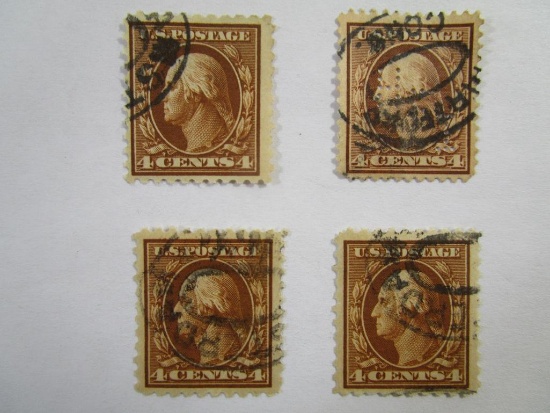 Four US Postage Stamps 1916 Washington 4 cent, Scott #465, cancelled