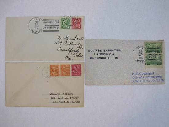 1930's First Day Covers, Eclipse Expedition Landed on Enderbury Is USS Avocet, USS Idaho and USS