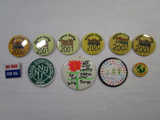 Assortment of Metal Button Pins including Peace Camp 2000-2003, Conservation Is Survival and more