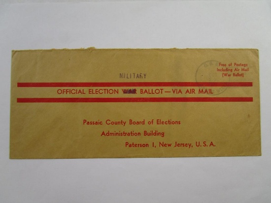 Official Election War Ballot-Via Air Mail, War Blocked Out Replaced with Military, Posted USS John W