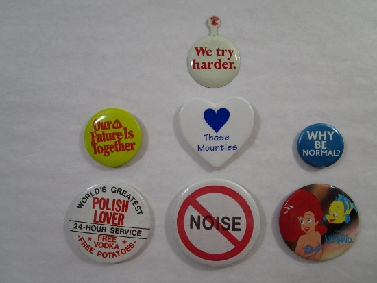 Seven Metal Button Pins includes Disney's The Little Mermaid, Worlds Greatest Polish Lover, Why Be