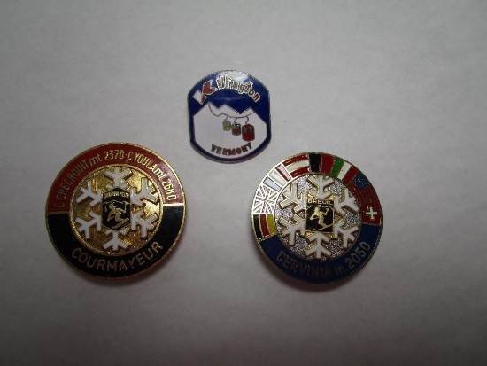 Three Souvenir Ski Pins: Killington Vermont, Cervinia m.2050, Courmayeur C. Checrouit Mt.2370-