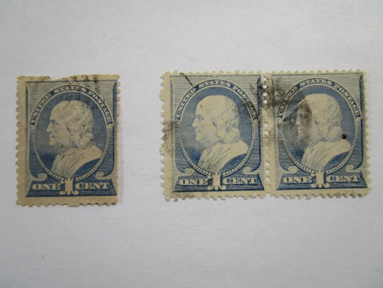 Three US Postage Stamps 1883 Franklin 1 cent, Scott #212, cancelled