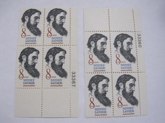 Two Blocks of 4 Sidney Lanier 8 Cent US Postage Stamps, Scott 1446