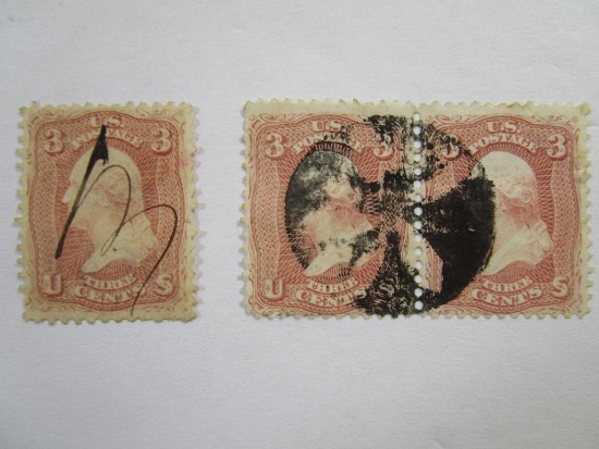 Three US Postage Stamps 1861 Washington 3 cent, Scott #65, cancelled