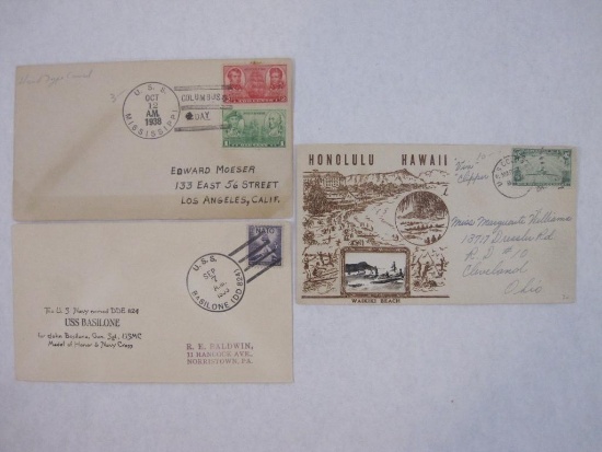 Three First Day Covers including Honolulu Hawaii, USS Mississippi and USS Basilone