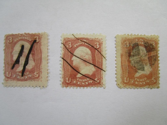 Three US Postage Stamps 1867 Washington 3 cent, Scott #88, cancelled