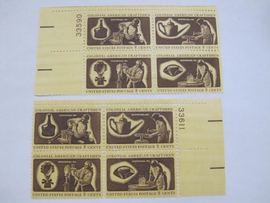 Two Blocks of 4 Colonial American Craftsman 8 Cent Stamps, Scott 1456-1459