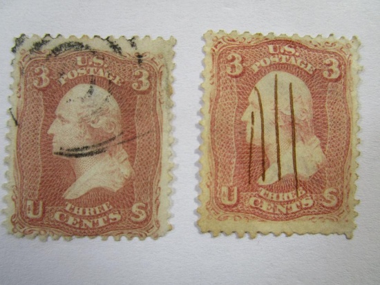 Two US Postage Stamps 1861 Washington 3 cent, Scott #65, cancelled