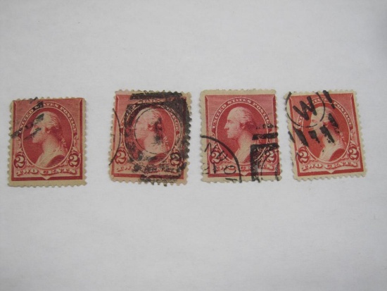 Four Cancelled 2 Cent George Washington 2 Cent US Postage Stamps, Scott #22