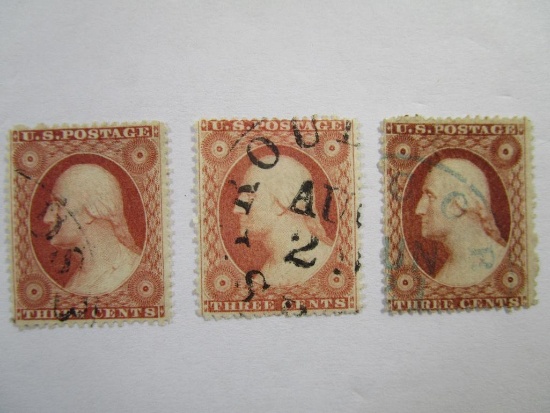 Three US Postage Stamps 1857 Washington 3 cent, Scott #26, cancelled