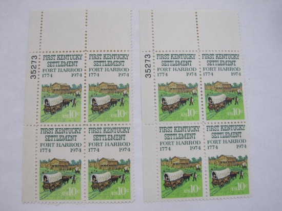 Two Blocks of 4 First Kentucky Settlement Fort Harrod 10 Cent US Stamps, Scott 1542