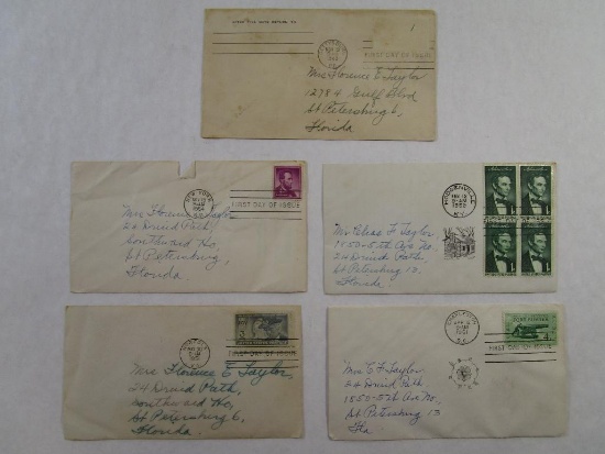 Five Stamped Envelopes includes New York Posted 1954, Gettysburg PA Posted 1948, Hodgenville KY