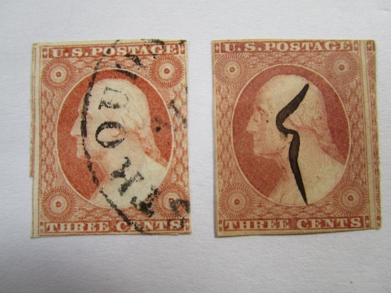 Two US Postage Stamps 1851 Washington 3 cent, Scott #10, cancelled