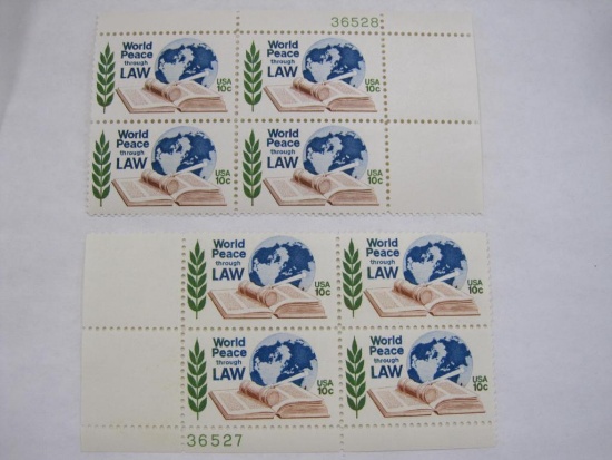 Two Blocks of 4 World Peace through Law 10 Cent US Postage Stamps, Scott 1576