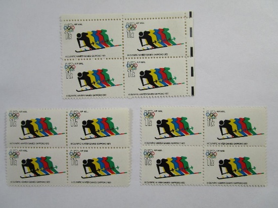 US Postage Stamps Three Blocks of Four 1972 Winter Olympics Skiing, Sapporo, 11 cent Air Mail, Scott