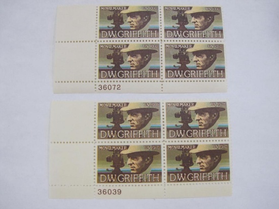 Two Blocks of 4 DW Griffith 10 Cent US Postage Stamps, Scott 1555