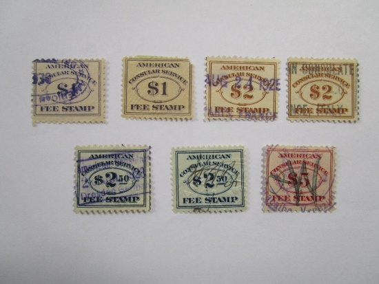 Seven American Consular Service Fee Stamps, Two Each 1 Dollar, 2 Dollar, 2.5 Dollar and One 5 Dollar