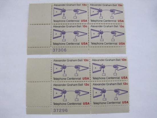 Two Blocks of 4 telephone Centennial Alexander Graham Bell 13 Cent US Stamps, Scott 1683