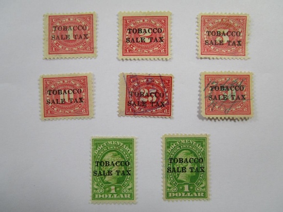 Eight Documentary Tobacco Sales Tax Stamps, Various Denominations