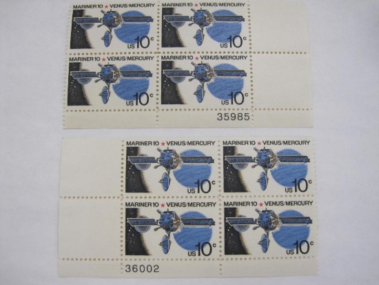 Two Blocks of 4 Mariner 10 Venus/Mercury 10 Cent US Postage Stamps, Scott 1557
