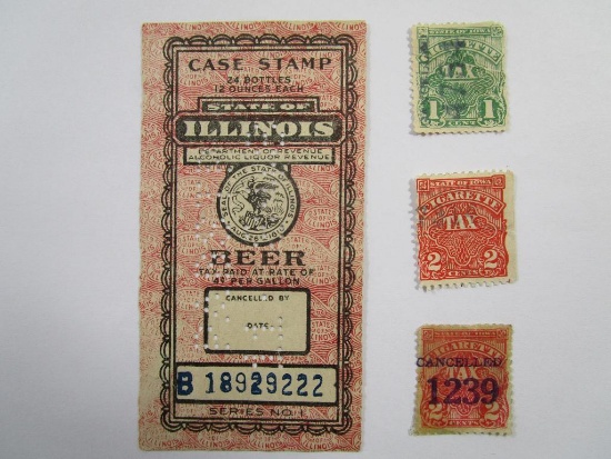 Tax Stamps, State of Illinois Beer Case Stamp Series No. 1 with 3 State of Iowa Cigarette Tax Stamps