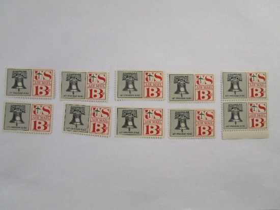 Ten US Postage Stamps US Air Mail 13 cent Liberty Bell, Let Freedom Ring Stamps