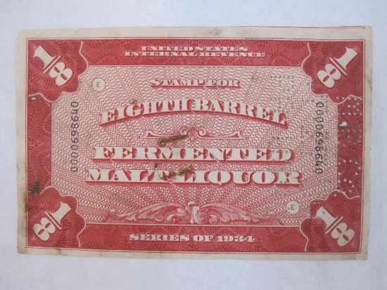 US Tax Stamp for Eighth Barrel of Fermented Malt Liquor, Series of 1934