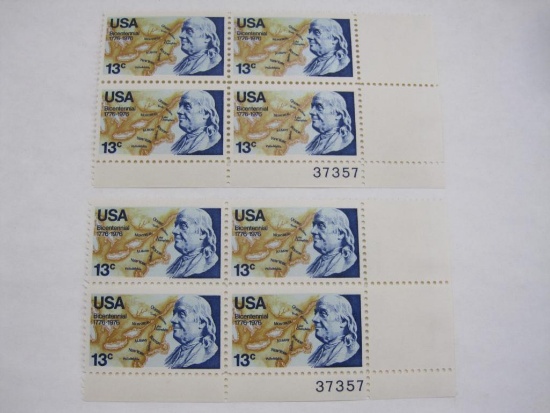 Two Blocks of 4 USA Bicentennial Ben Franklin 13 Cent US Stamps, Scott 1690