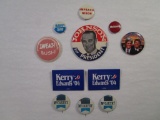 Assortment of Campaign Buttons including Johnson For President, McGovern/Shriver, Kerry/Edwards and