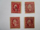 Four US Postage Stamps 1908 Washington 2 cent, Scott #332, cancelled