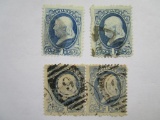 Four US Postage Stamps 1873 Franklin 1 cent, Scott #156, cancelled