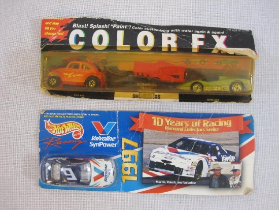 Color FX Hot Wheels Cars and 1997 Valvoline Race Car, sealed but see pictures for packaging AS IS, 6