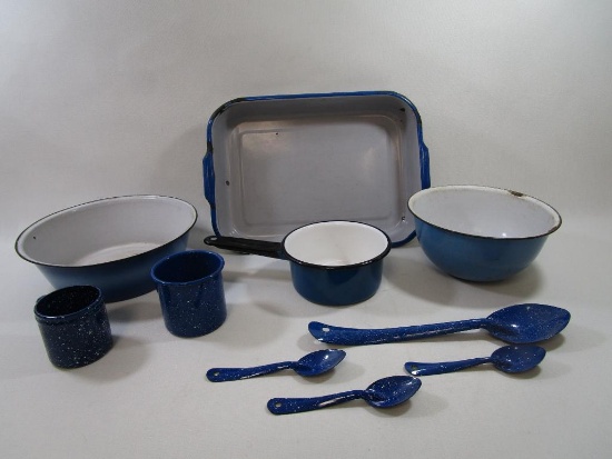 Lot of Blue and White Enamelware, including baking pan, 2 mugs, three spoon, 3 small pots and a