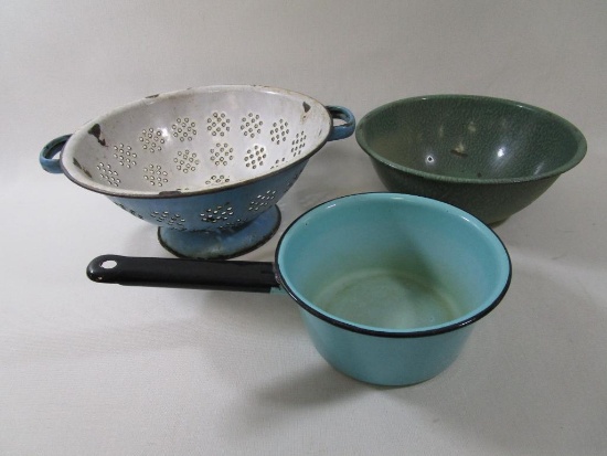 Three Enamelware Pieces , Sauce Pot, Mixing Bowl and Colander