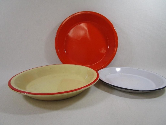 Three Pie Plates/Pans, Two Enamelware and One Ceramic