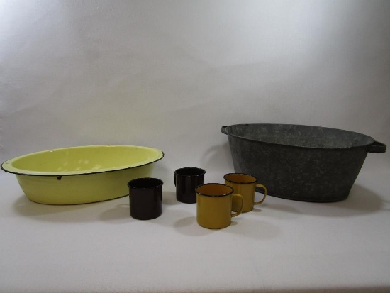 Two Basin Tubs, 18 inch Galvanized and 18 inch Enamelware with Four Enamelware Cups