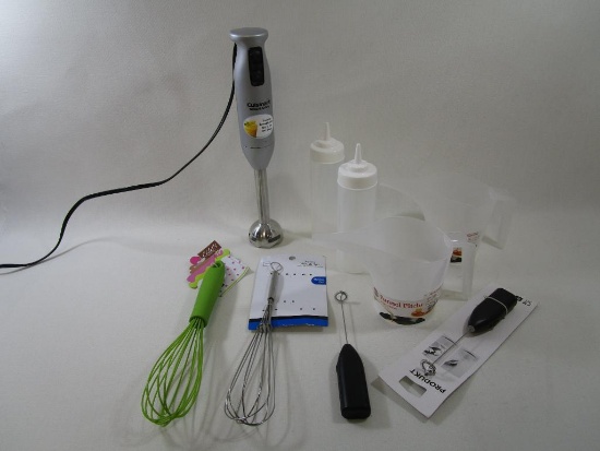 Assortment of Kitchen Items Includes Cuisinart Smart Stick, 2 Funnel Pitchers, Whisks and More