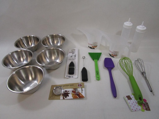 Assortment of Kitchen Items Includes 5 Stainless Steel Mixing Bowls, 2 Funnel Pitchers, Spice Spoon