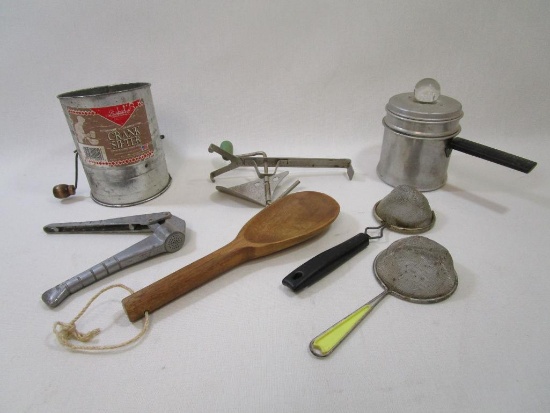 Vintage Kitchen Assortment Including Mirro Two Cup Percolator Pot, Bromwell Crank Sifter, Ecko